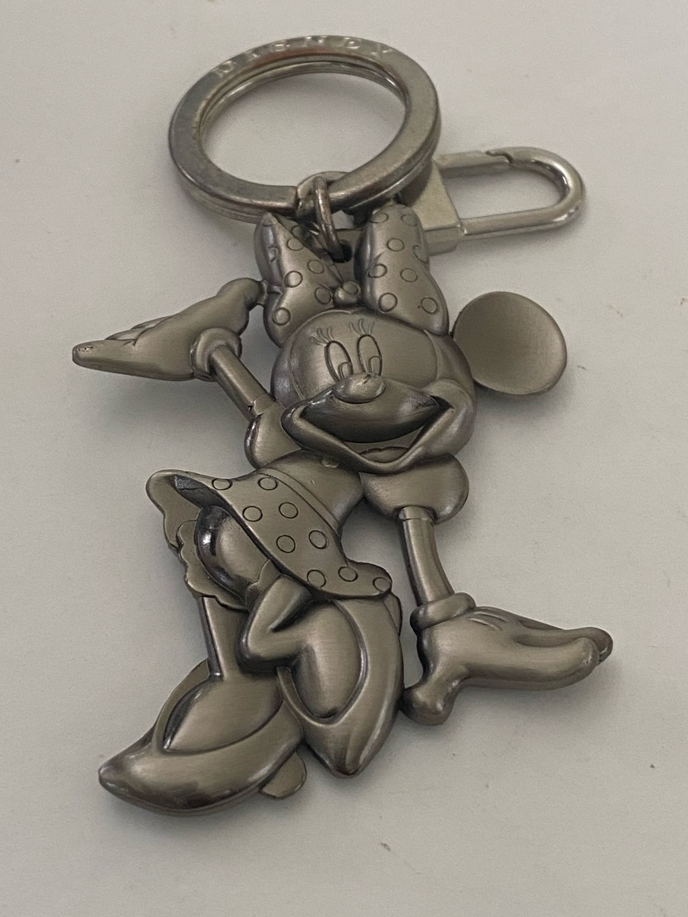 Vintage Disney Minnie Mouse Posing Charm Silver Pewter Metal Keychain Key Fob